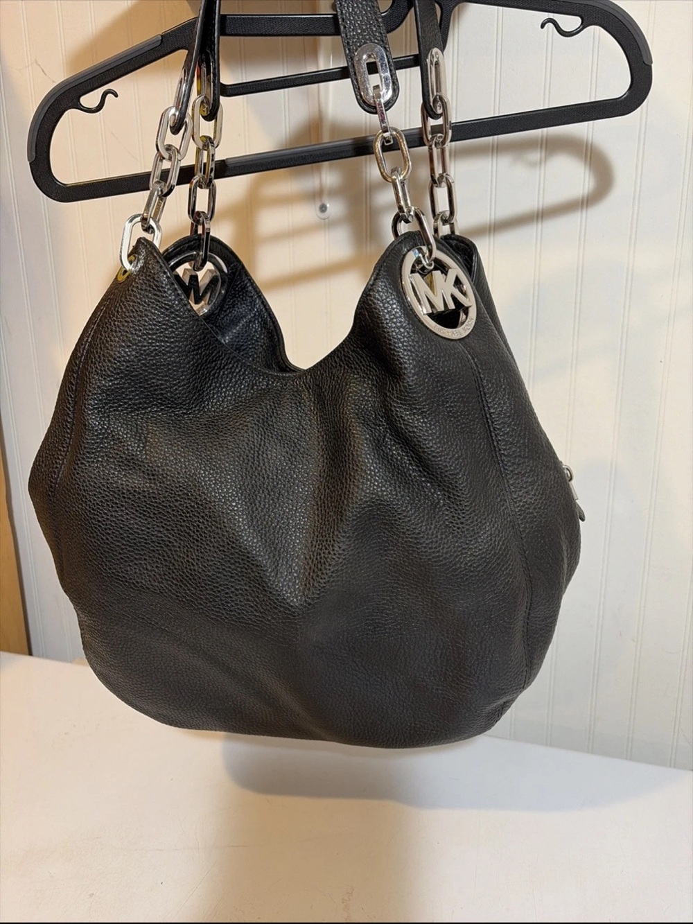 Michael Kors Black Pebbled Leather Hobo with Chain-Link Handles